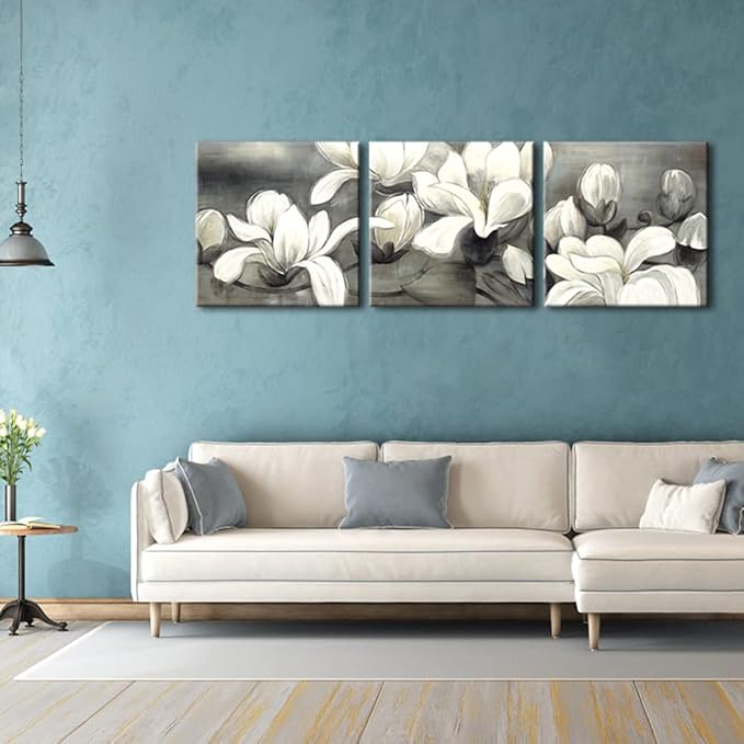 Wieco Art Magnolia Flowers Canvas Prints Wall Art 3 pcs White and Grey Floral Pictures Paintings Ready to Hang for Living Room Bedroom Home Decorations Modern Stretched and Framed Grace Giclee