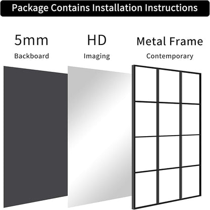 YIROMAN Window Pane Mirror, 30x60 Inch Black Rectangular Decorative Wall Mirror, Large Window Metal Framed Mirrors for Bedroom Living Room Fireplace Entryway, Hanging or Leaning Against Wall