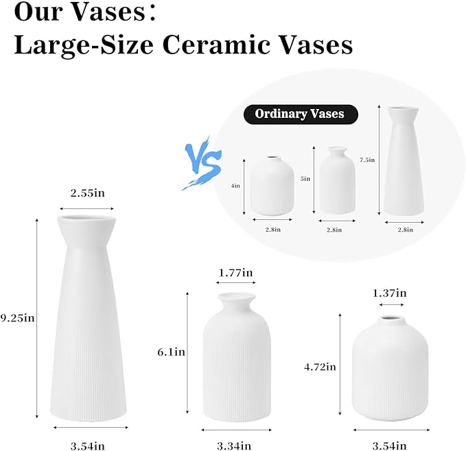 White Ceramic Flower Vases Set of 3, Valentine's Day Gift Vases with Vertical Stripe Texture, Modern Decorative Vases for Dried Flowers, Home Decor Vase for Living Room Bedroom Kitchen Shelf