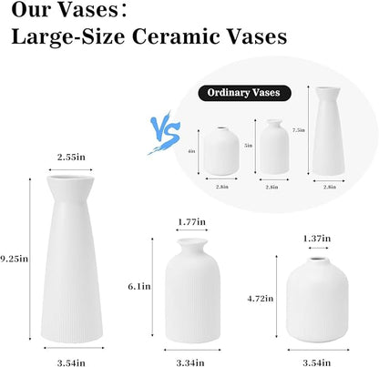 White Ceramic Flower Vases Set of 3, Valentine's Day Gift Vases with Vertical Stripe Texture, Modern Decorative Vases for Dried Flowers, Home Decor Vase for Living Room Bedroom Kitchen Shelf