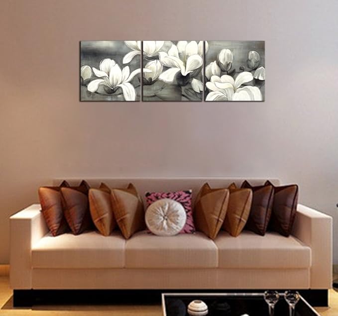 Wieco Art Magnolia Flowers Canvas Prints Wall Art 3 pcs White and Grey Floral Pictures Paintings Ready to Hang for Living Room Bedroom Home Decorations Modern Stretched and Framed Grace Giclee