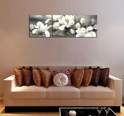 Wieco Art Magnolia Flowers Canvas Prints Wall Art 3 pcs White and Grey Floral Pictures Paintings Ready to Hang for Living Room Bedroom Home Decorations Modern Stretched and Framed Grace Giclee