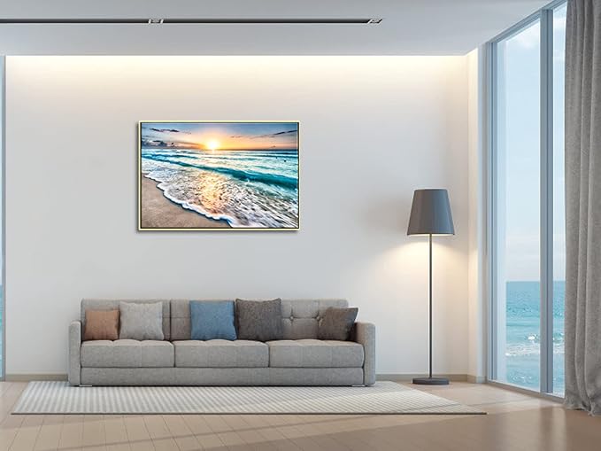 Wieco Art Framed Art Sea Waves Canvas Prints Wall Art Abstract Seascape Paintings for Living Room Home Decorations Large Framed Canvas Art Sea Artwork Golden Frame