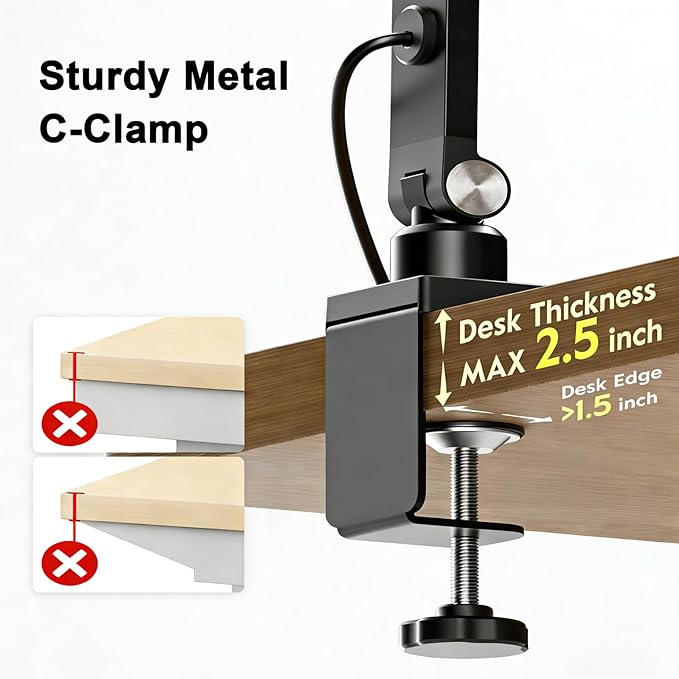 Pro LED Desk Lamp with Remote Control, Eye-Caring CRI95+ Dimmable Light, 3000K–6000K Adjustable Color Temperature, Flexible Angle, Clamp or Base Mount, for Home Office, Reading & Video Calls, 2 Pack
