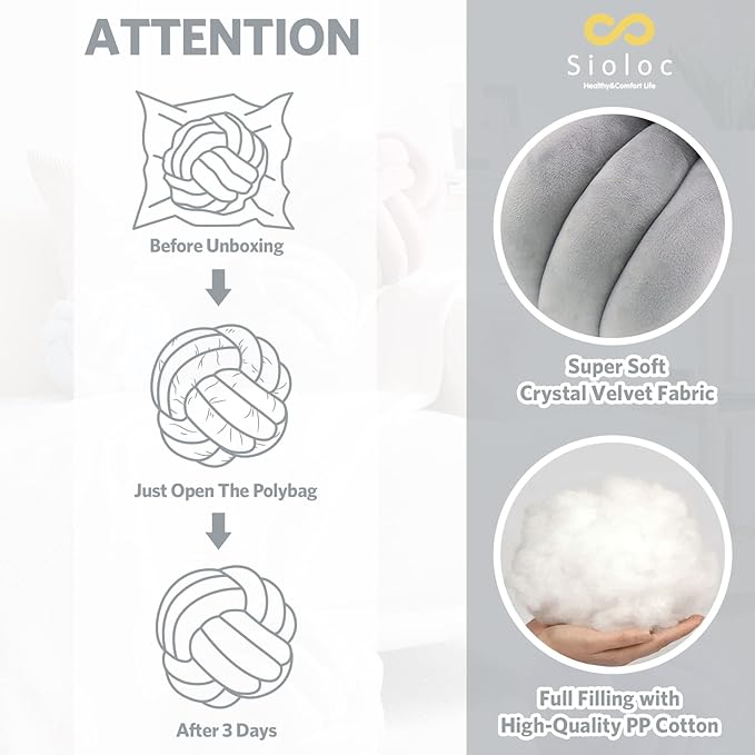 Sioloc Soft Knot Ball Pillows,Round Throw Pillow Cushion Home Decoration Plush Pillow,Throw Knotted Pillow Handmade Round Plush Pillow（7.8inches,Grey）