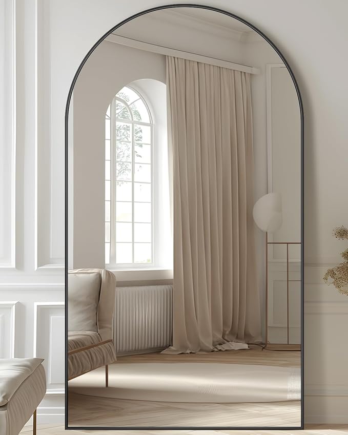 Full Length Mirror, 78"x38" Oversized Floor Mirror Freestanding, Full Body Floor Standing Mirror with Stand, Hanging Mounted for Bedroom Living Room, Black, Arched Style