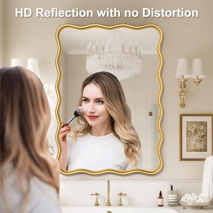 PROHOMEWARE 20 * 28" Gold Wavy Rectangular Vanity Bathroom Mirror for Wall Mounted Bedroom Entryway Living Room Farmhouse