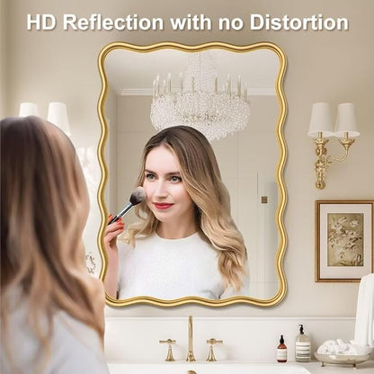 PROHOMEWARE 20 * 28" Gold Wavy Rectangular Vanity Bathroom Mirror for Wall Mounted Bedroom Entryway Living Room Farmhouse