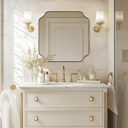 ANDY STAR Square Gold Vanity Mirrors, 24"x24" Brushed Brass Scalloped Bathroom Mirror, Antique Wall Mirror with Anti-Rust Stainless Steel Frame, Rounded Notched Corner Design Ideal for Home Deocr