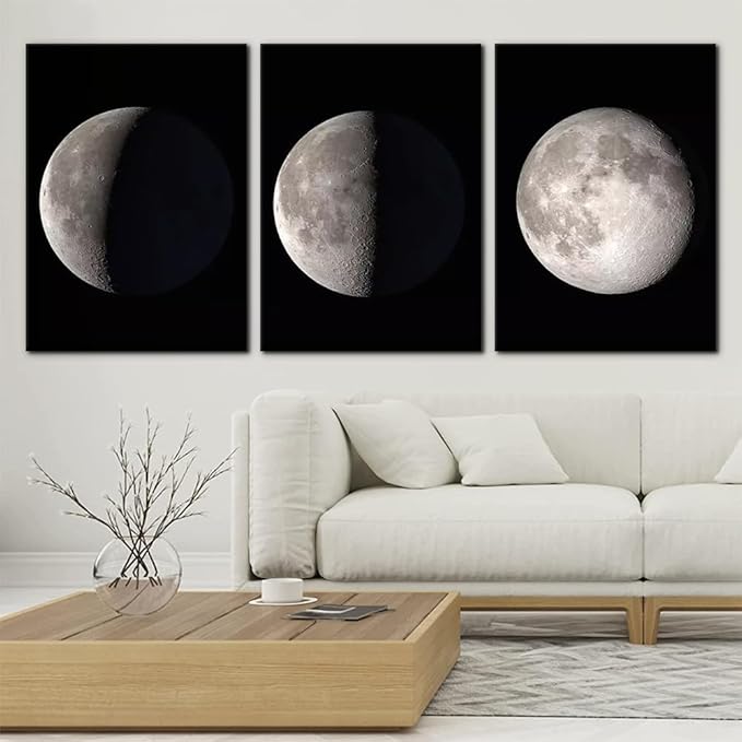 Pacimo Moon Canvas Prints Wall Art Space Pictures Paintings Modern Gallery Wrapped Black and White Abstract Sky Giclee Artwork for Living Room Bedroom Home Office Decor Ready to Hang - 20"x28"x3 Panel