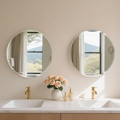 Frameless Round Mirror 24 Inch, Round Mirror with 1 inch Beveled Edge, Beveled Bathroom Mirrors for Vanity, Living Room, Entryways
