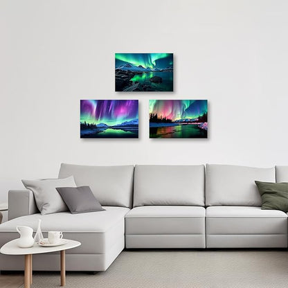 CCWACPP Aurora Borealis Canvas Wall Art 3 Panels Northern Lights Wall Decor Forest Lakes Snow Mountain Pictures Print Decor Frame (Aurora Borealis - 3, 20x28inchx3Pcs)