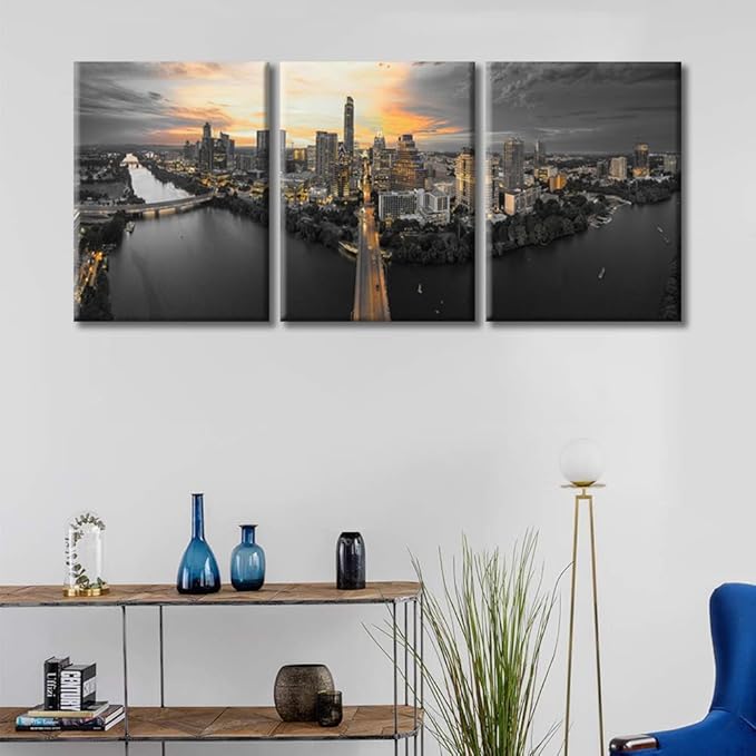 TUMOVO Austin Texas Skyline with Sunset Canvas Wall Art City Skyline Posters and Prints Bathroom Decor Wall Art 3 Panel Print on Canvas Stretched and Framed Ready to Hang (36" Wx16 H)