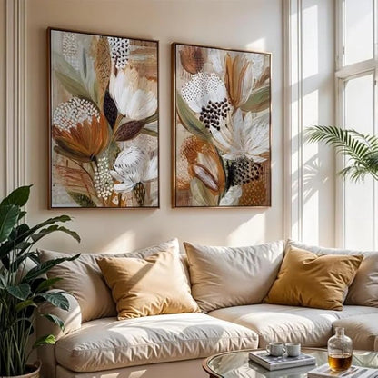 Textured Floral Wall Art Set of 2 Modern Boho Exotic Protea Flowers Impasto Brushstroke Earthy Neutral Tones for Home Living Room Bedroom Kitchen Warm Rustic Interior Decor Accent 16x24 Inch Unframed