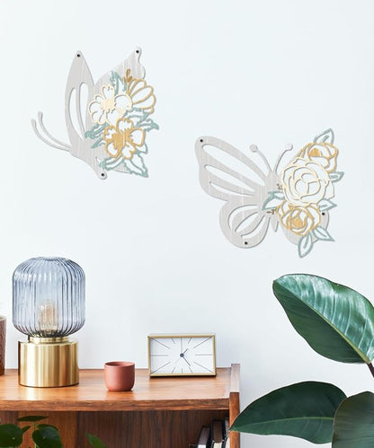 Putuo Decor 2 Pieces Butterfly Metal Wall Decor Floral Iron Wall Sculptures Modern Minimalist Butterfly Flower Wall Art for Living Room Bedroom Hallway Kitchen Bathroom Home Decoration