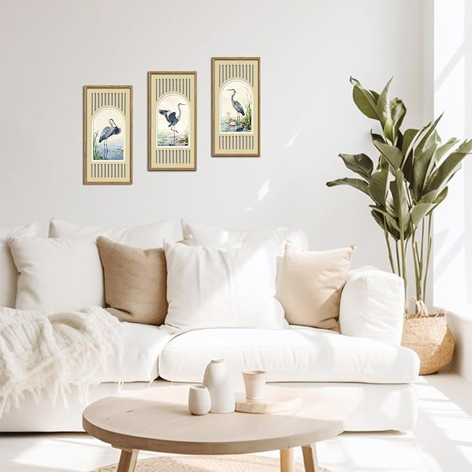 IARTTOP Great Blue Heron Wall Decor Set of 3 Farmhouse Coastal Birds Wall Art 8x16 Inch Watercolor Bird Art Prints Nature Wildlife Artwork for Living Room Bedroom Office Framed