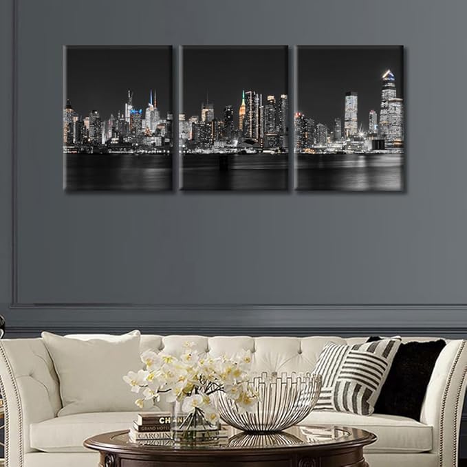 TUMOVO 3 Pieces Manhattan USA Skyline Canvas Paintings Office Decor Hudson River New York City NY USA Wall Decor City Skyline Wall Decor for Bedroom, Living Room.Ready to Hang (36" Wx16 H)