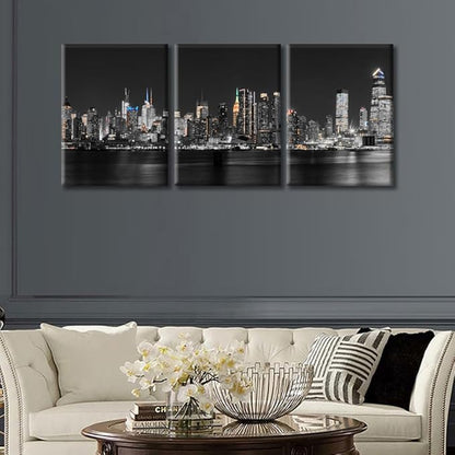 TUMOVO 3 Pieces Manhattan USA Skyline Canvas Paintings Office Decor Hudson River New York City NY USA Wall Decor City Skyline Wall Decor for Bedroom, Living Room.Ready to Hang (36" Wx16 H)