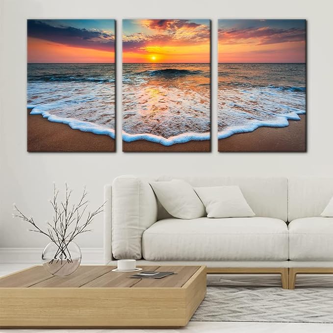 Pacimo 3 Pieces Wall Art Decor Beach Canvas Print Picture Sunrise Ocean Waves Scenery Painting Artwork for Office Wall Decor Home Decoration Stretched and Framed Ready to Hang - 16"x24"x3 Panels