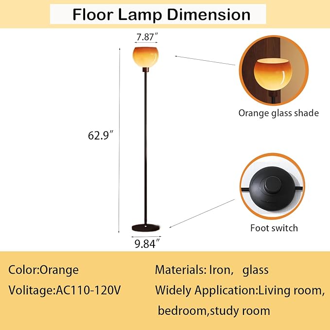 Bofea-Vintage Orange Floor Light,Bauhaus Style Mushroom Floor Lamp,Mid-Century Glass Tall Standing Lamp with Gradient Orange Glass Shade Modern Tall Lights for Living Room Bedroom Reading Lighting