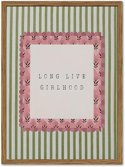 Long Live Girlhood Wall Art Vintage Girl Nursery Wall Decor Picture, Pink and Green Striped Baby Girls Poster Canvas Print Painting Artwork for Living Room Bedroom 16x24 inch Wood Framed