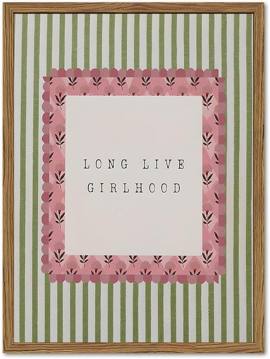 Long Live Girlhood Wall Art Vintage Girl Nursery Wall Decor Picture, Pink and Green Striped Baby Girls Poster Canvas Print Painting Artwork for Living Room Bedroom 16x24 inch Wood Framed
