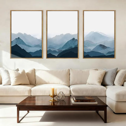 BINCUE Large Blue Mountain Wall Art Fog Blue Ridge Mountains Artwork Framed Minimalist Mountains Wall Decor Simple Mountain Art Print Landscape Artwork for Living Room Bedroom Office Farmhouse 24x36 Inch Set of 3 Gift