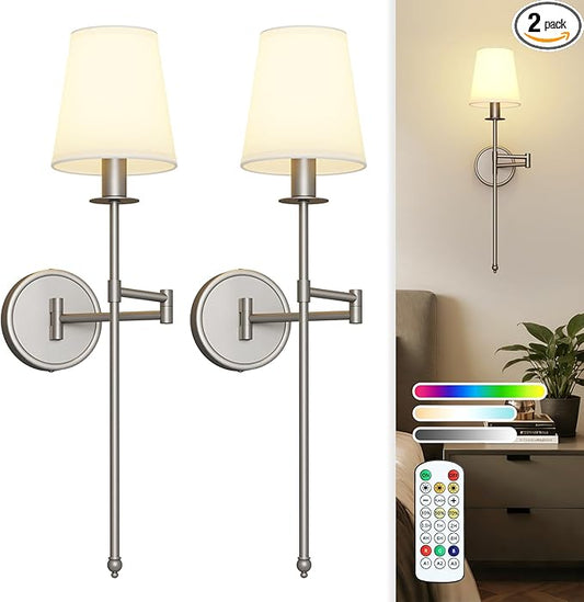Joosenhouse Battery Operated Wall Sconces Set of 2, 24.8 Inch Brushed Nickel Wireless Dimmable Wall Lamp with Remote Control, Easy Install Wireless Lighting for Bedroom, Living Room, Hallway