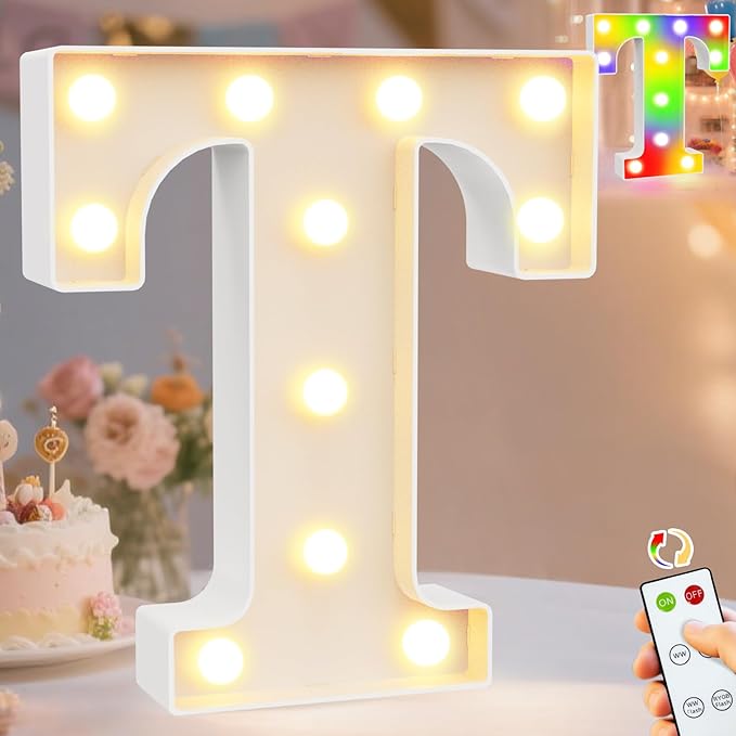 Pooqla LED Light Up Letters, Warm White and Colorful Lighted Marquee Letters with Remote, Lighted Letter for Party Birthday Decorations, Gift for Girls Boys Night Light, Wedding Home Decor, Letter T