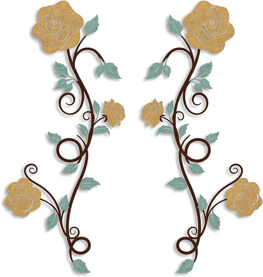 Pinetree Art 2 Pieces Metal Flower Wall Art Modern Vintage Rose Floral Branch Wall Decor for Living Room Hallway Bathroom (Yellow)