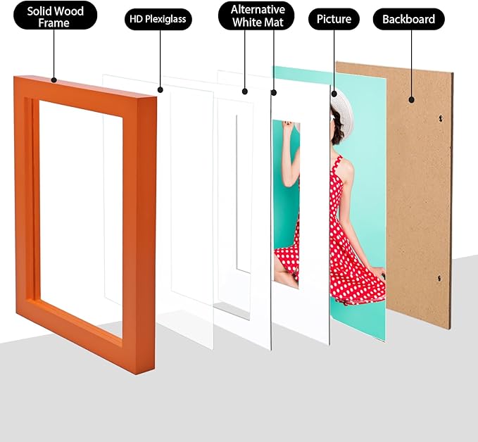 KINLINK 5x7 Picture Frame Orange, Solid Wood Frames with Acrylic Plexiglass for 3.5x5/4x6 with Mat or 5x7 without Mat, Tabletop and Wall Display Photo Frame, Set of 4