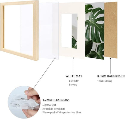 Egofine 12x12 Picture Frames Made of Solid Wood with Plexiglass, Display Pictures 8x8 with Mat or 12x12 Without Mat Set of 4 for Tabletop and Wall Mounting, Oak Wood
