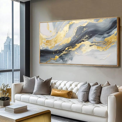 Framed Canvas Pictures Gold Wall Art Abstract Wall Art Blue Decor Metal Arts Large Prints Picture 24"x48" Artwork for Living Room Gallery Office