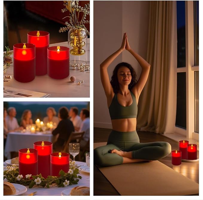 LEDHOLYT Rechargeable Flameless Candle, Flickering LED Pillar Glass Fake Candle with Remote and Timer, Built-in Battery Real Wax Electronic Candle for Room Decoration, Set of 3