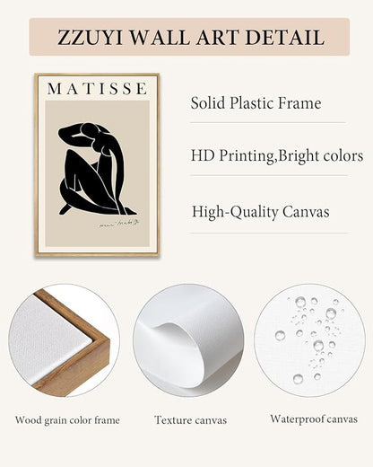 Zzuyi Henri Matisse Framed Wall Art,Black Beige Women Body Line Art,Boho Art Prints for Women and Teen girls Bedroom,Aesthetic Room Wall Decor-12''x16''Natural Framed