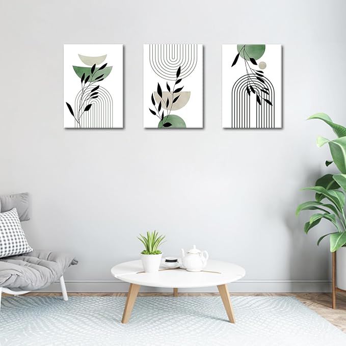 WENGTIAO 3Pcs Boho Sage Green Canvas Wall Art MInimalist Geometric Line Leaf Pictures Prints Paintings Abstract Mid Century Botanical Green Plant Artwork for Living Room Bedroom Bathroom 12x16x3