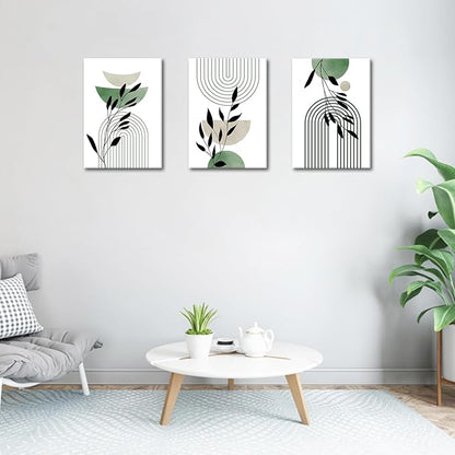 WENGTIAO 3Pcs Boho Sage Green Canvas Wall Art MInimalist Geometric Line Leaf Pictures Prints Paintings Abstract Mid Century Botanical Green Plant Artwork for Living Room Bedroom Bathroom 12x16x3