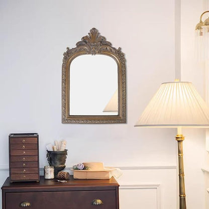 Bronze Vintage Vanity Desk Makeup Mirror Antique Decorative Wall Mirror,Resin Carved Arched Mirror for Living Room,Bedroom Dresser,Home Decor ﻿ (Large)