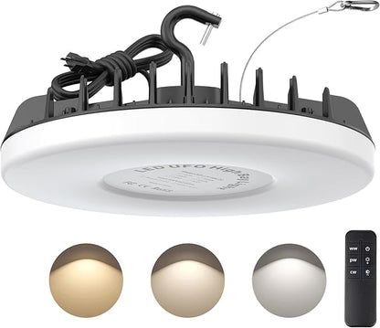 LED Shop Lights 200W - 24000LM UFO LED High Bay Light with 3 CCT Adjustable, 10%-100% Dimmable Remote Control IP65 Waterproof Garage Lighting for Workshop Warehouse Gym Basement