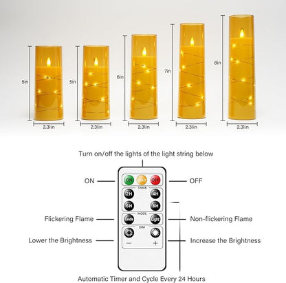 kakoya Flameless LED Candles with Timer 5 Pc Flickering Flameless Candles for Romantic Ambiance and Home Decoration Stable Acrylic Shell,with Embedded Star String，Battery Operated Candles（Gold）