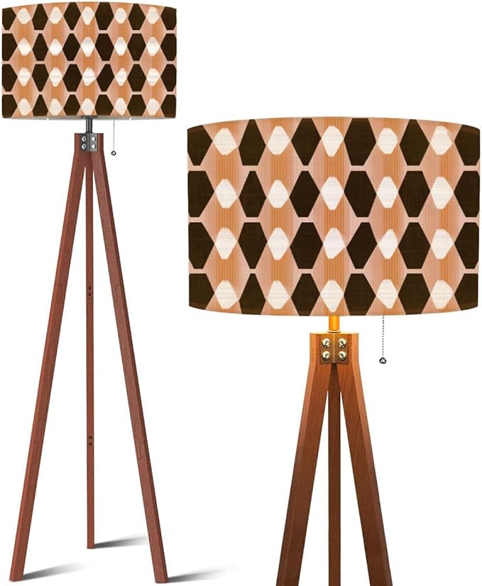 Wood Tripod Floor Lamp Retro seamless pastel brown white elongated diamonds mid century Mid Century Standing Lamp Linen Shade Dimmable Modern Tall lamp Home Decor for Living Room Bedroom Office