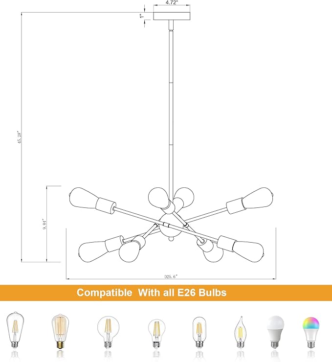 MEIXISUE 8 Lights Dining Room Light Fixtures Modern Sputnik Chandelier Black and Gold Mid Century Pendant Light for Kitchen Island Entryway Foyer Living Room UL Listed