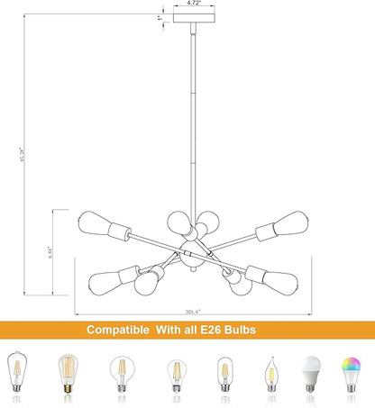 MEIXISUE 8 Lights Dining Room Light Fixtures Modern Sputnik Chandelier Black and Gold Mid Century Pendant Light for Kitchen Island Entryway Foyer Living Room UL Listed