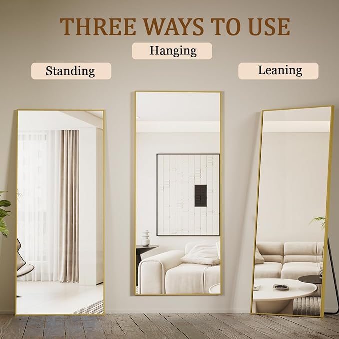 Koonmi 65"x24" Floor Mirror Full Length, Bedroom Floor Body Mirror with Stand, Large Gold Mirror, Leaning, Standing or Hanging Horizontally/Vertically