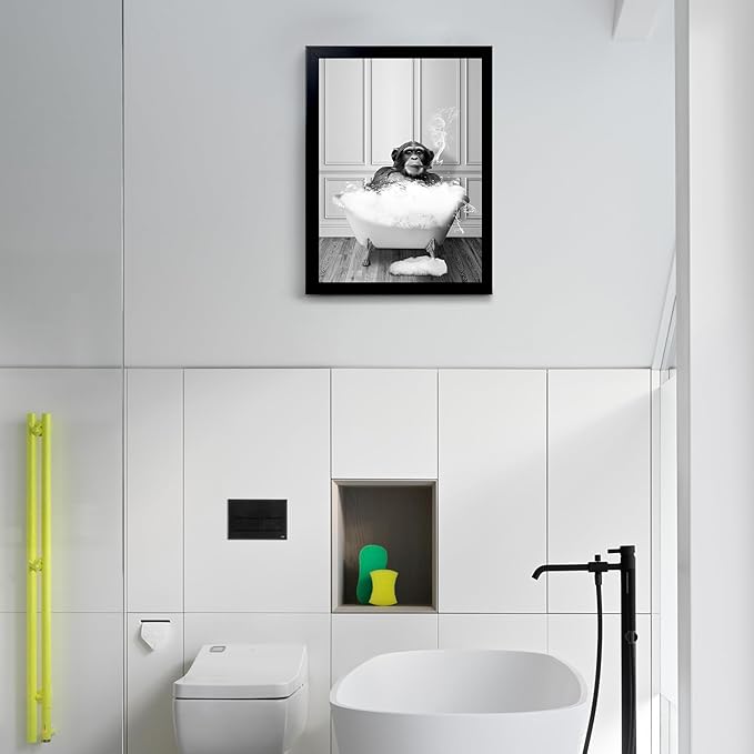Monkey in Tub - Black and White Animals Wall Art - Framed Canvas Wall Art, Black Framed Picture for Bathroom Wall Decor, Chic Animal Art for Kid Room Wall