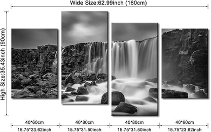 Pyradecor Waterfall Giclee Canvas Prints Wall Art Paintings for Home Decorations - Black and White Rocky Large 4 Piece Modern Gallery Wrapped Grace Seascape Sea Beach Pictures Artwork Ready to Hang L