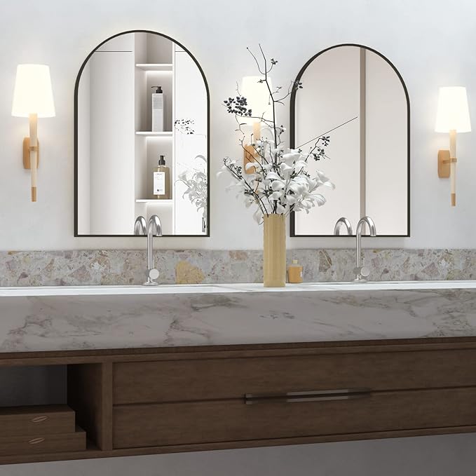 Wall Mounted Mirror, Arched Wall Mirror for Bathroom, 20"x30" Arch Bathroom Mirror with Metal Frame, 2 Piece Black Vanity Mirror Decor for Mantle, Bedroom, Entryway