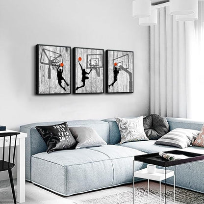 Black Framed Wall Art For Living Room Boy's Bedroom Wall Decor Artwork Office Wall Hanging Decor Black And White Prints Framed Pictures Play Basketball Sport Painting Modern Home Decoration 3 Piece
