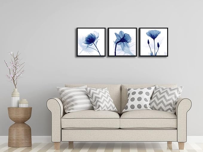 Wieco Art Framed Blue Abstract Flowers 3 Panels Canvas Prints Wall Art Modern Pictures Artwork for Living Room Bedroom Home and Office Decorations with Black Frame