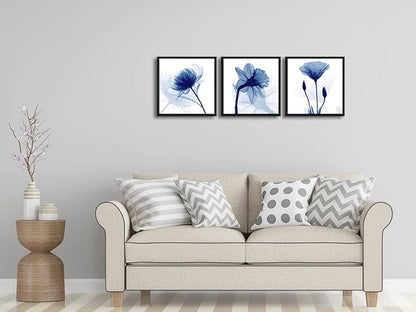 Wieco Art Framed Blue Abstract Flowers 3 Panels Canvas Prints Wall Art Modern Pictures Artwork for Living Room Bedroom Home and Office Decorations with Black Frame